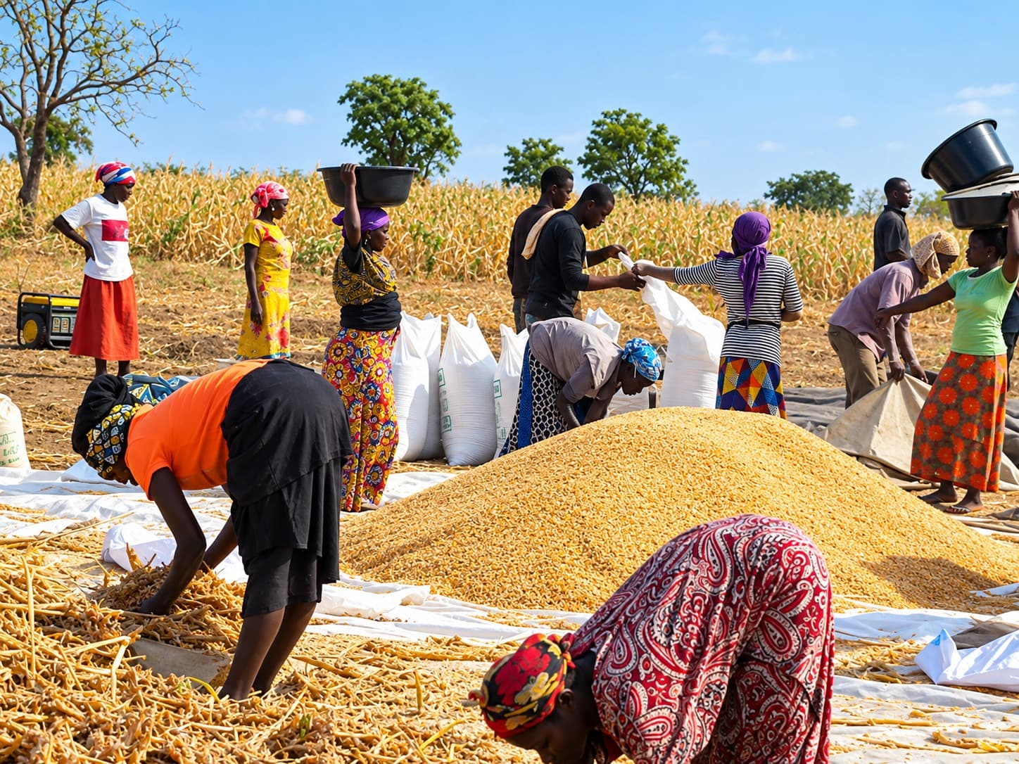 Workers winnowing and sorting threshed grain by hand