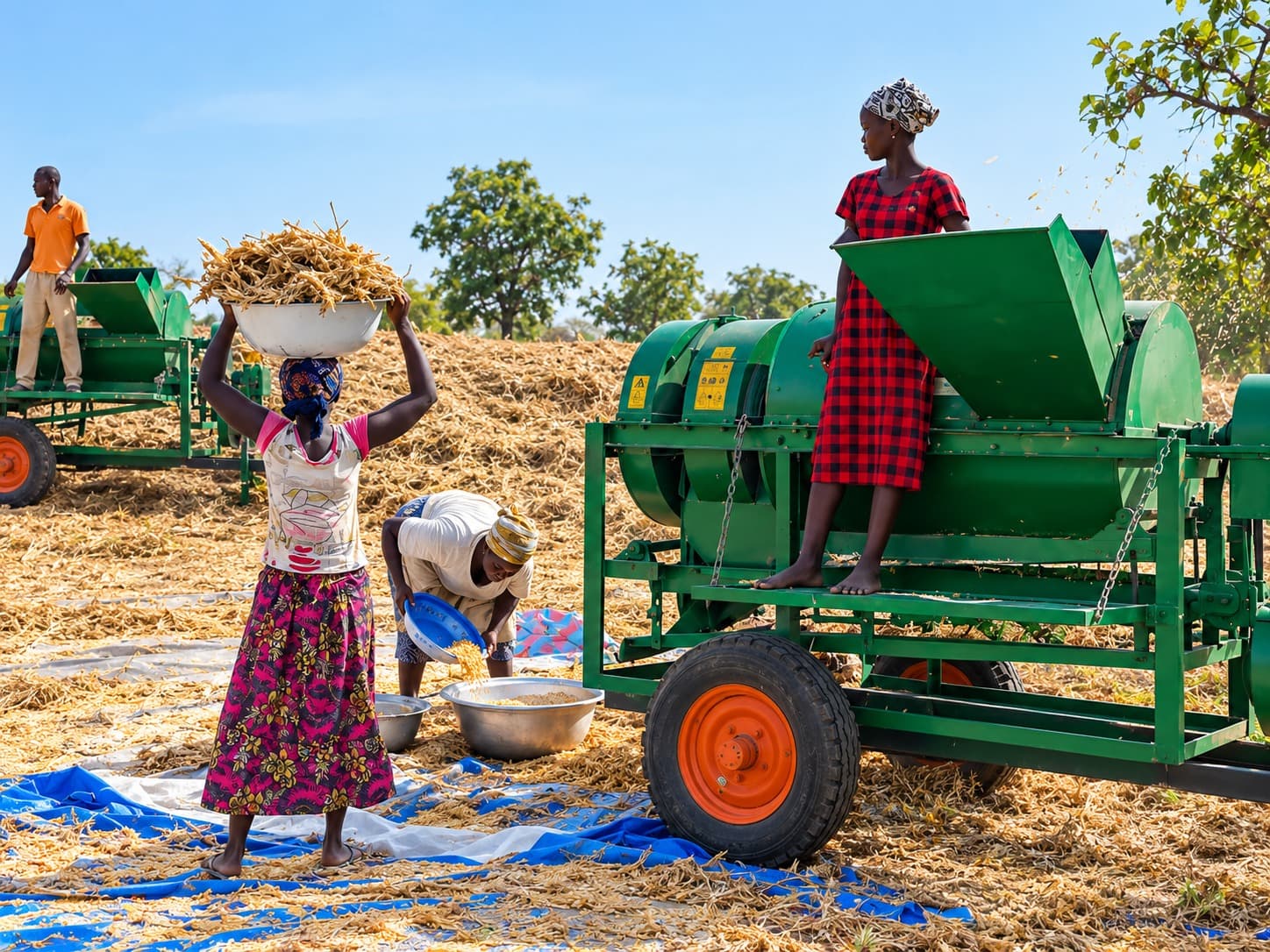 Workers operating a mechanised thresher and sorting grain